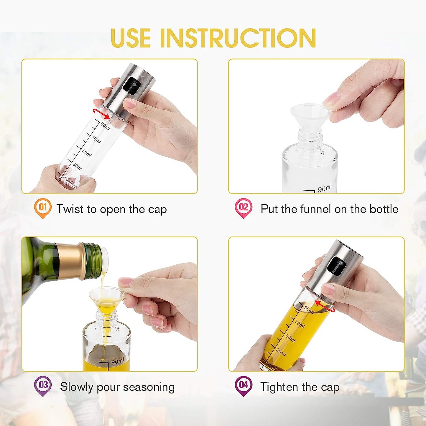 AJ 2Pack Oil Sprayer for Cooking 100ml, Glass Oil Spray Container, Set of 2pcs with Brush, Cleaning Brush & Funnel