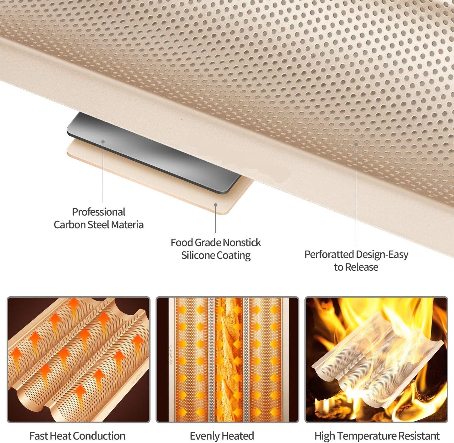 AJ Perforated Baguette Pan Baking Tray, Perforated Steel Baking Tray with 3 Places for Baguettes 38 x 28, Gold