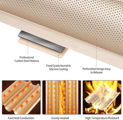 AJ Perforated Baguette Pan Baking Tray, Perforated Steel Baking Tray with 3 Places for Baguettes 38 x 28, Gold