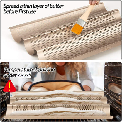 AJ Perforated Baguette Pan Baking Tray, Perforated Steel Baking Tray with 3 Places for Baguettes 38 x 28, Gold