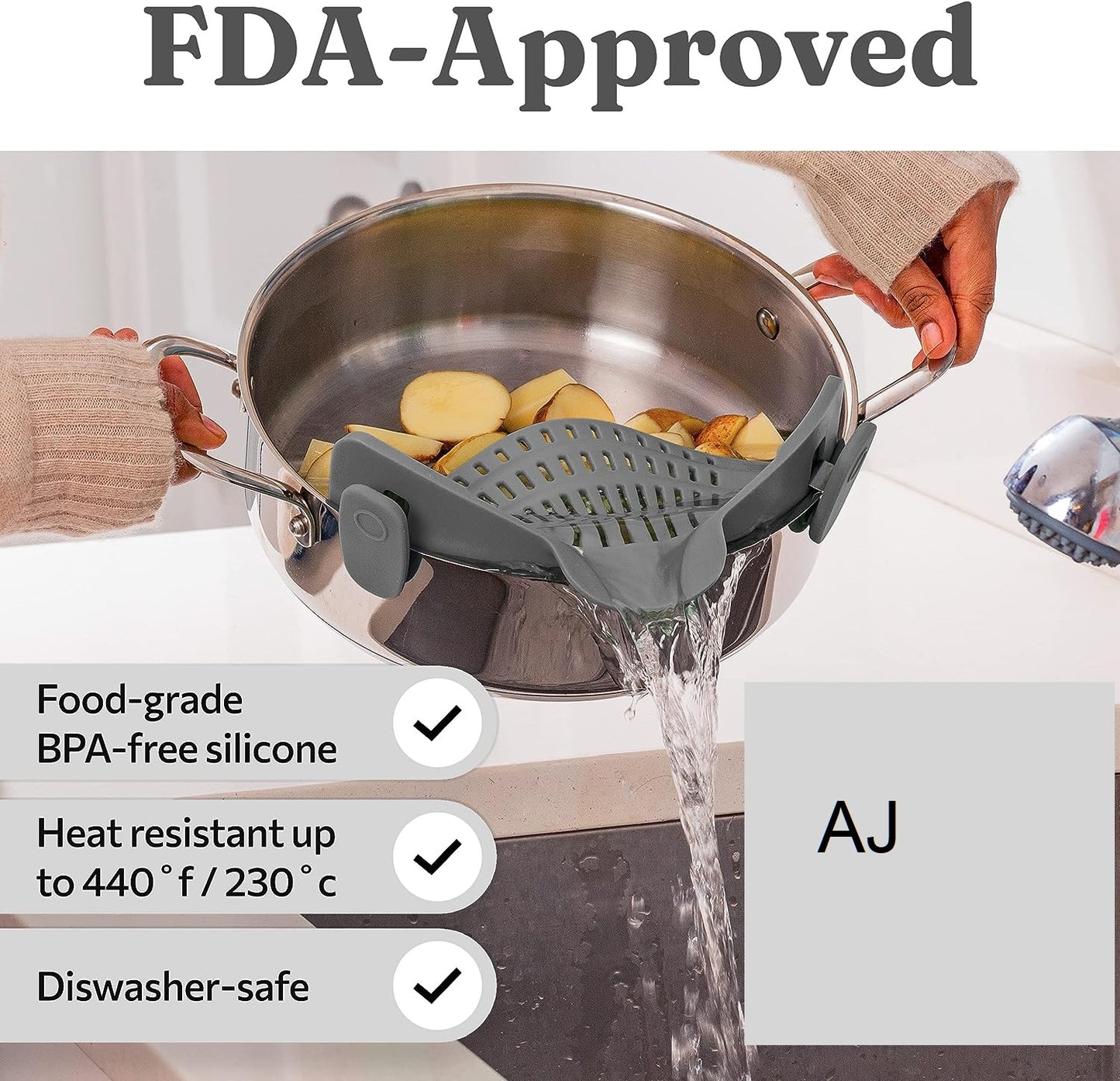 AJ Silicone Clip On Pot & Pasta Strainer, Σουρωτήρι Κατσαρόλας & Ζυμαρικών, Grey