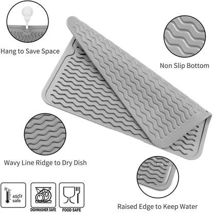 AJ Silicone Dish Drying Mat, Drying Surface L (40 x 30cm), Grey