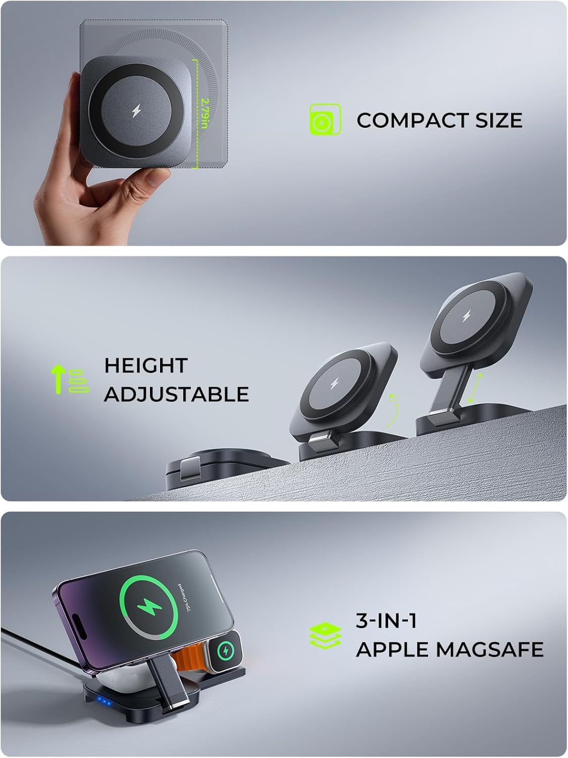 Arktos HyperCharge Wireless Triple, 3-in-1 MagSafe Wireless Magnetic Charger for iPhone, AirPods & Apple Watch, Frost Black