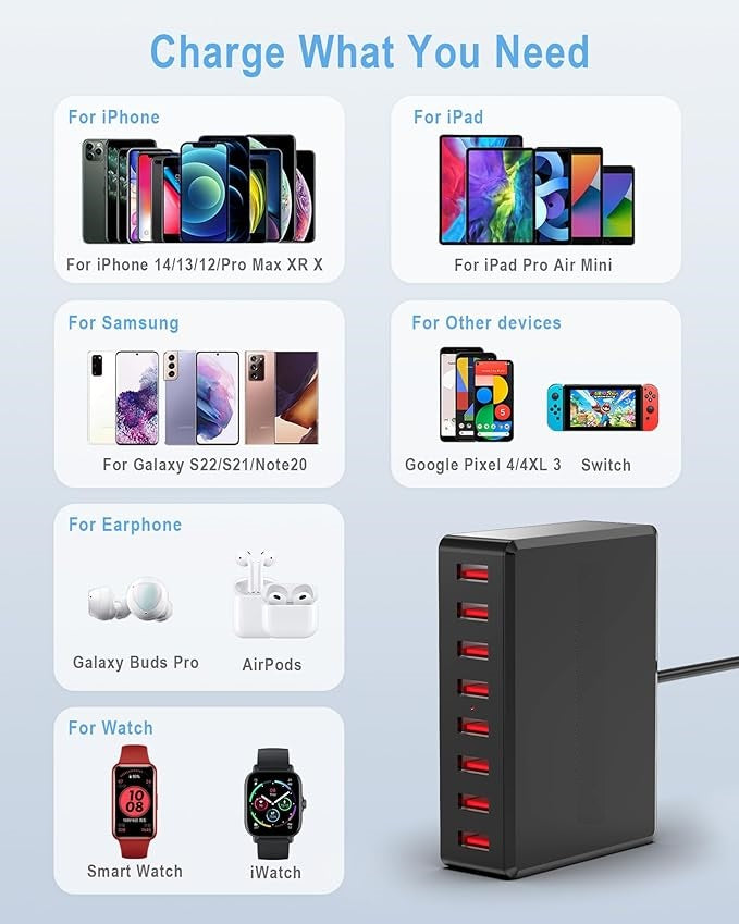AJ Sparkit 8, 50W 8-Port Charging Hub with 8 USB-A Ports, with Intelligent Triage & Temperature Control, Black