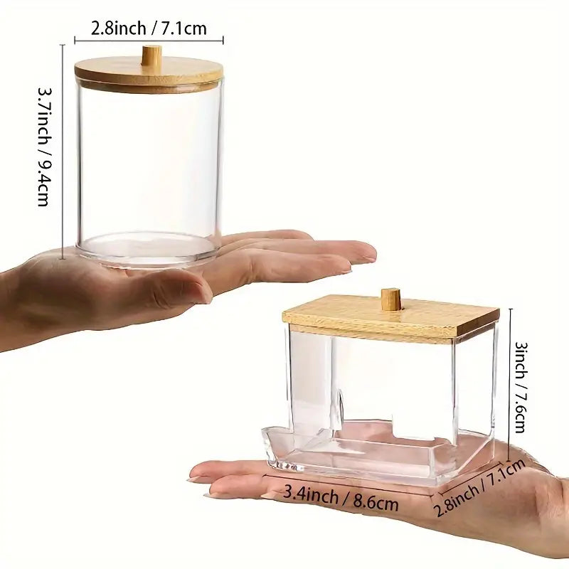AJ Plastic Swab Dispenser with Wooden Lids, Plastic Storage Jars for Swabs, Cotton Pads & Cotton Balls, Set of 3