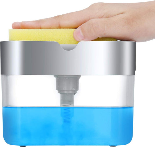 AJ Dish Soap Dispenser, Tabletop Kitchen Dispenser 380ml with Sponge Holder, Transparent