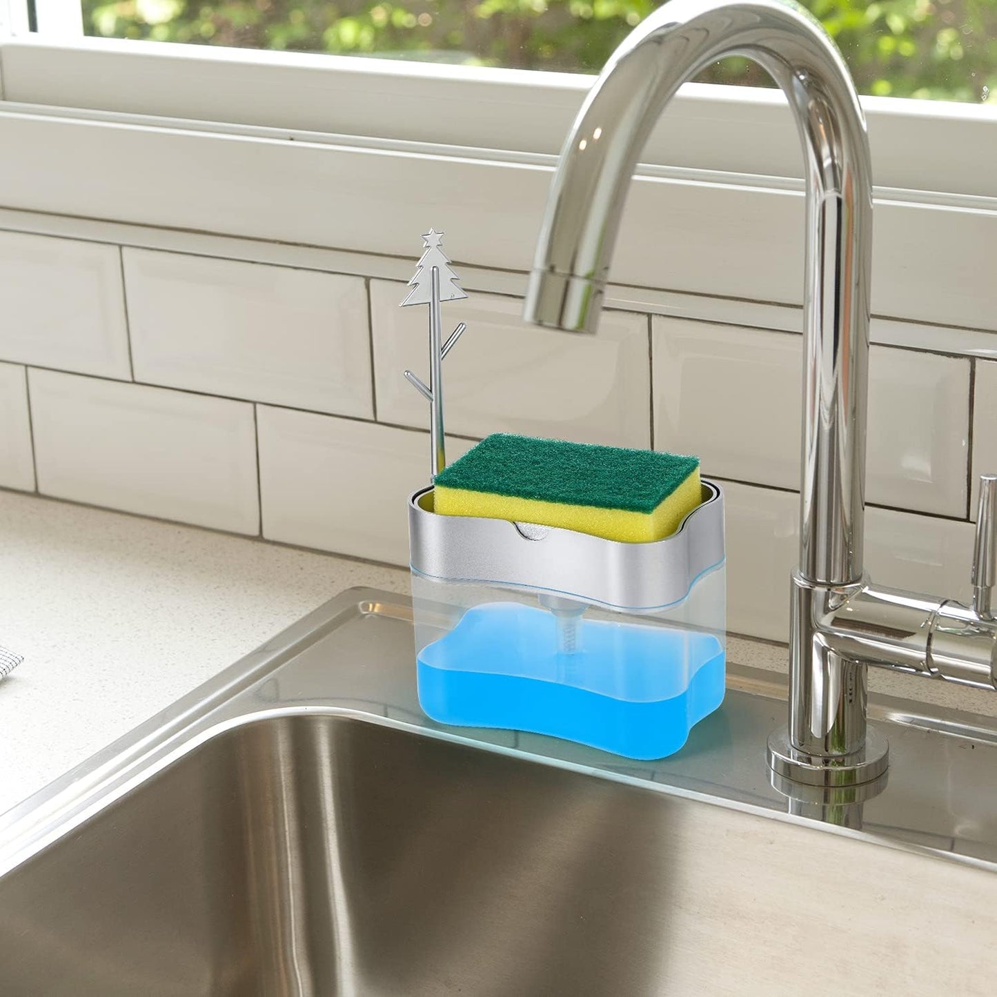 AJ Dish Soap Dispenser, Tabletop Kitchen Dispenser 380ml with Sponge Holder, Transparent