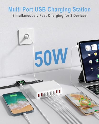 AJ Sparkit 8, 50W 8-Port Charging Hub with 8 USB-A Ports, with Intelligent Triage & Temperature Control, White