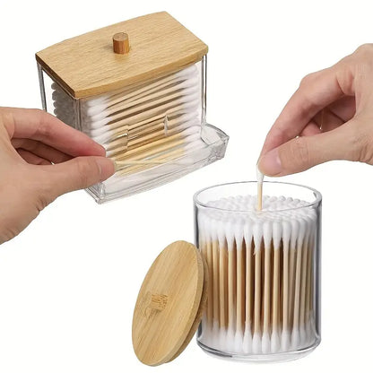 AJ Plastic Swab Dispenser with Wooden Lids, Plastic Storage Jars for Swabs, Cotton Pads & Cotton Balls, Set of 3