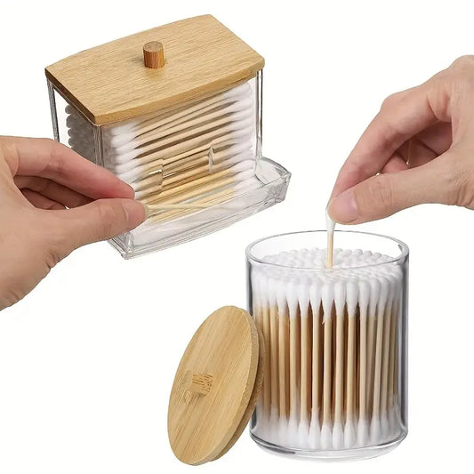 AJ Plastic Swab Dispenser with Wooden Lids, Plastic Storage Jars for Swabs, Cotton Pads & Cotton Balls, Set of 3