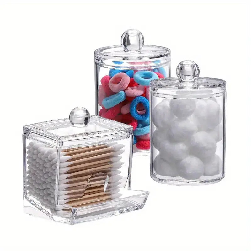 AJ Plastic Swab Dispenser with Wooden Lids, Plastic Storage Jars for Swabs, Cotton Pads & Cotton Balls, Set of 3