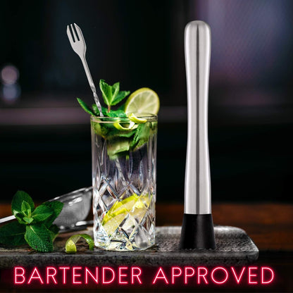Forneed Cocktail Muddler and Mixing Spoon 25cm, Stainless Steel Bar Muddler and Cocktail Stirrer Set