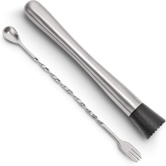 Forneed Cocktail Muddler and Mixing Spoon 25cm, Stainless Steel Bar Muddler and Cocktail Stirrer Set