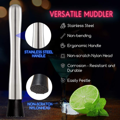 Forneed Cocktail Muddler and Mixing Spoon 25cm, Stainless Steel Bar Muddler and Cocktail Stirrer Set