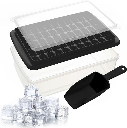 AJ Ice Cube Tray With Lid & Bin, 55 Ice Cube Trays, with Lid and Tong, Black