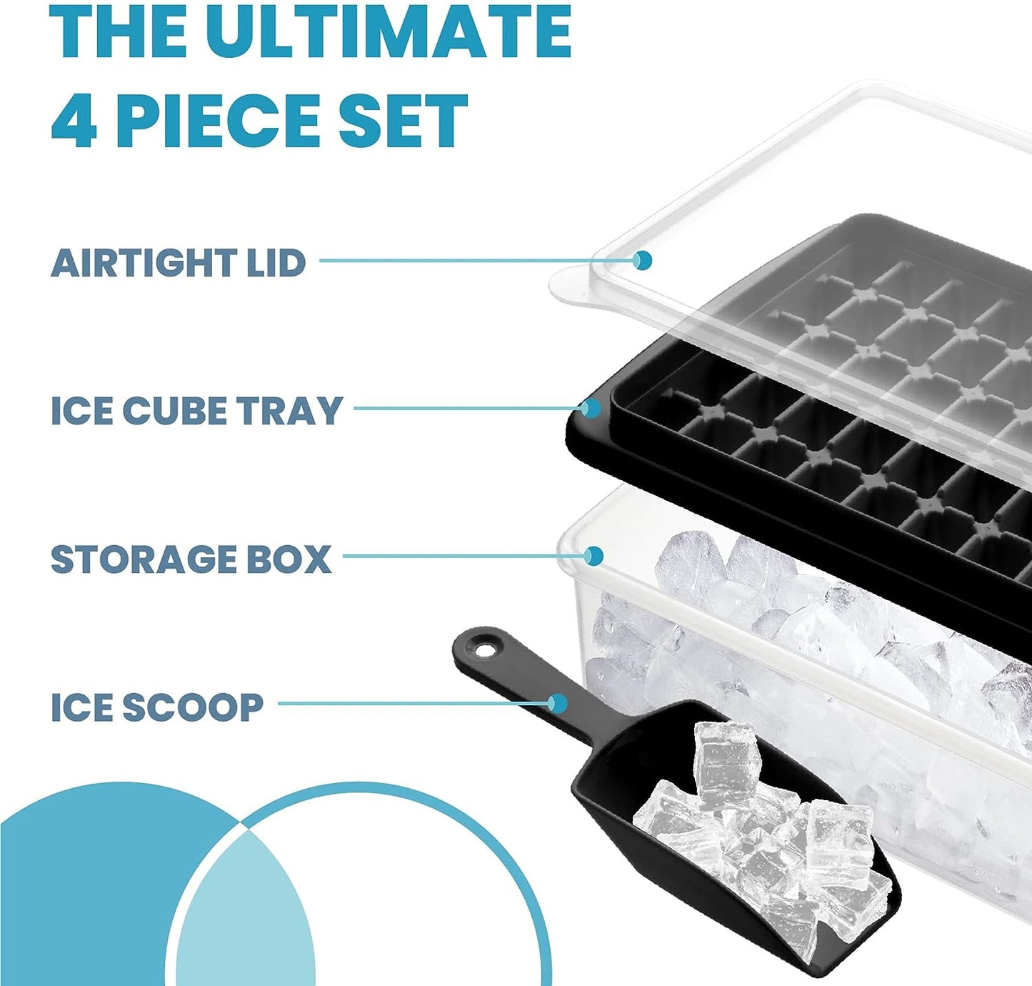 AJ Ice Cube Tray With Lid & Bin, 55 Ice Cube Trays, with Lid and Tong, Black