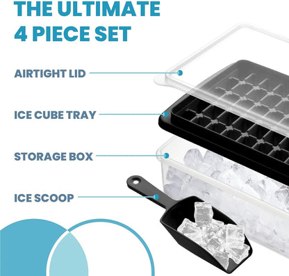 AJ Ice Cube Tray With Lid & Bin, 55 Ice Cube Trays, with Lid and Tong, Black