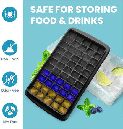 AJ Ice Cube Tray With Lid & Bin, 55 Ice Cube Trays, with Lid and Tong, Black