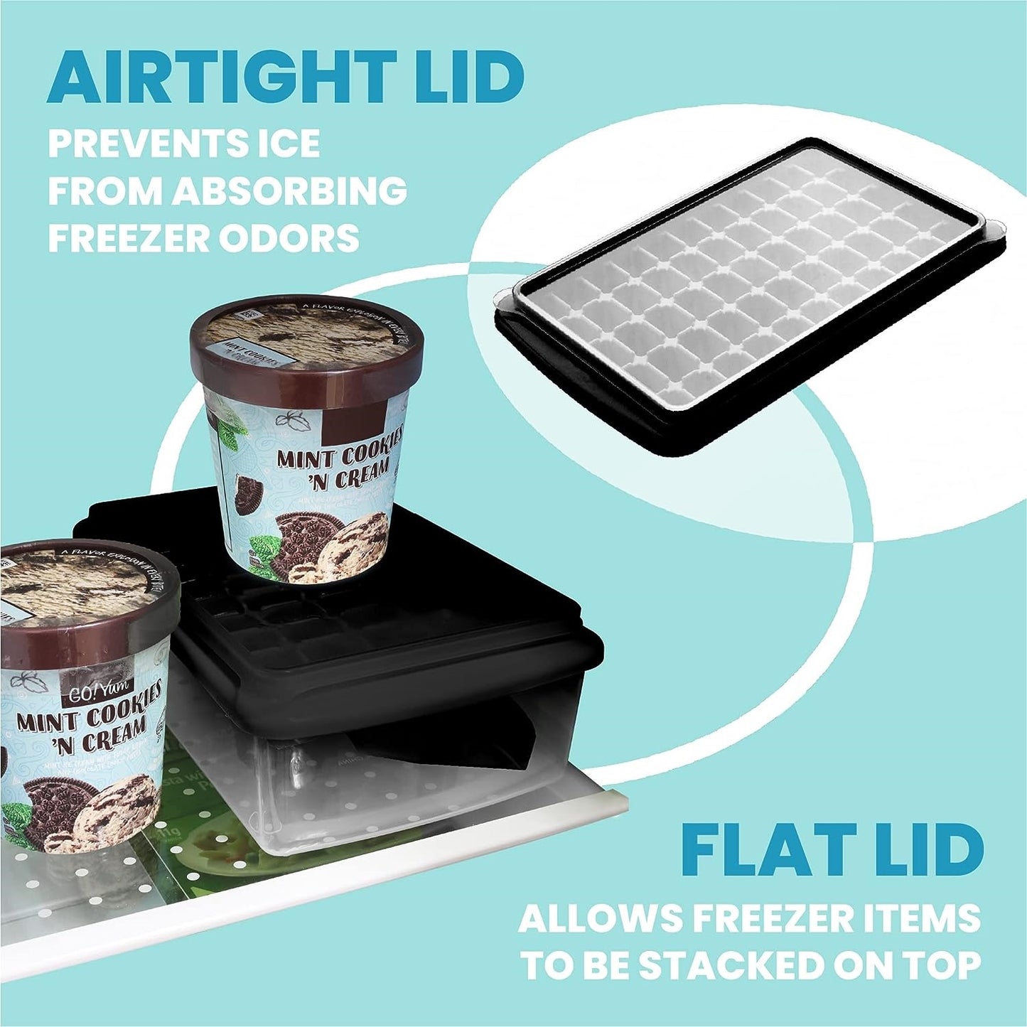 AJ Ice Cube Tray With Lid & Bin, 55 Ice Cube Trays, with Lid and Tong, Black
