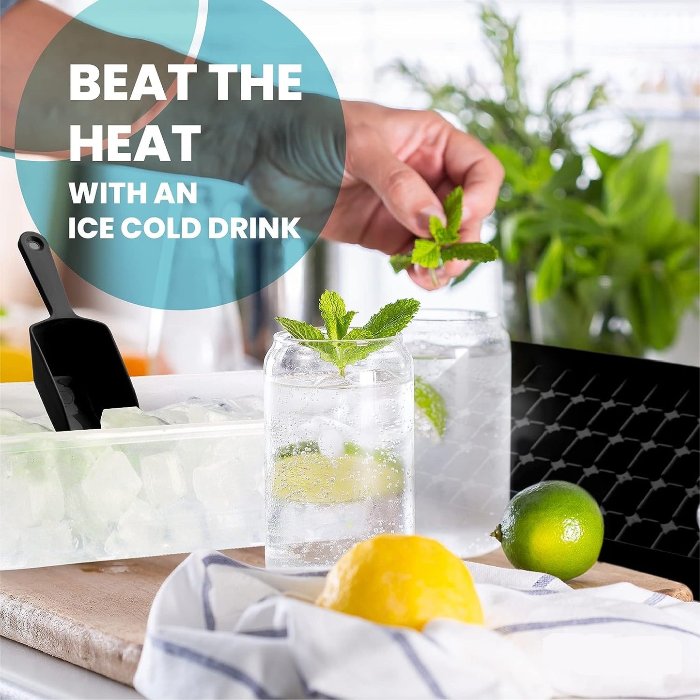 AJ Ice Cube Tray With Lid & Bin, 55 Ice Cube Trays, with Lid and Tong, Black