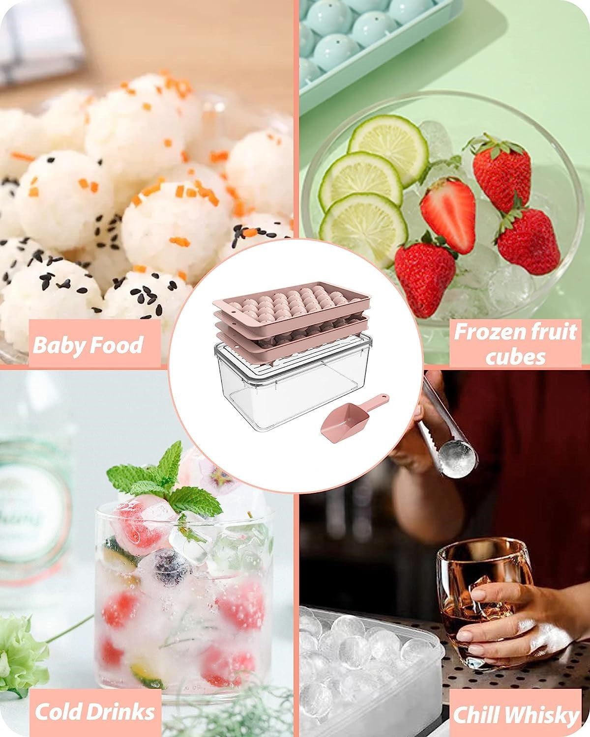AJ 2-Pack Ice Cube Tray With Lid & Bin, 33 Ice Trays, Set of 2pcs, with Lid and Scoop, Pink