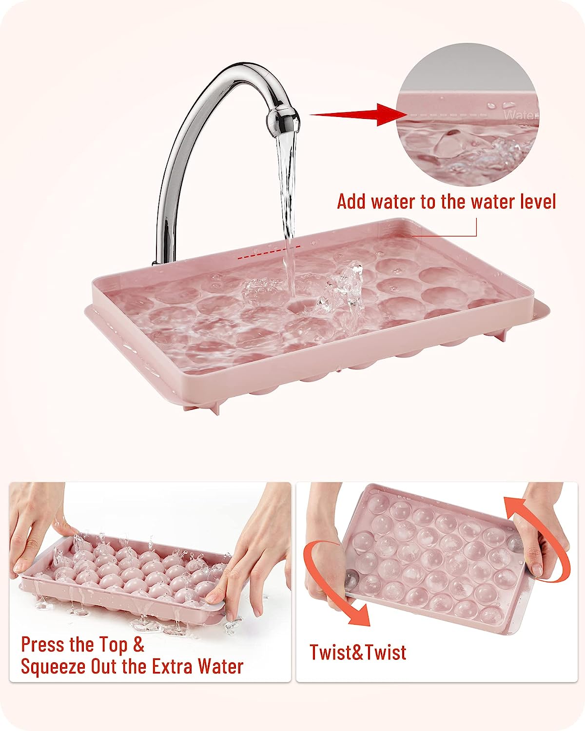 AJ 2-Pack Ice Cube Tray With Lid & Bin, 33 Ice Trays, Set of 2pcs, with Lid and Scoop, Pink