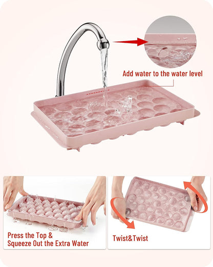 AJ 2-Pack Ice Cube Tray With Lid & Bin, 33 Ice Trays, Set of 2pcs, with Lid and Scoop, Pink