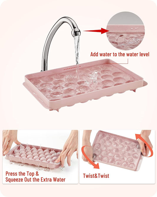 AJ 2-Pack Ice Cube Tray With Lid & Bin, 33 Ice Trays, Set of 2pcs, with Lid and Scoop, Pink