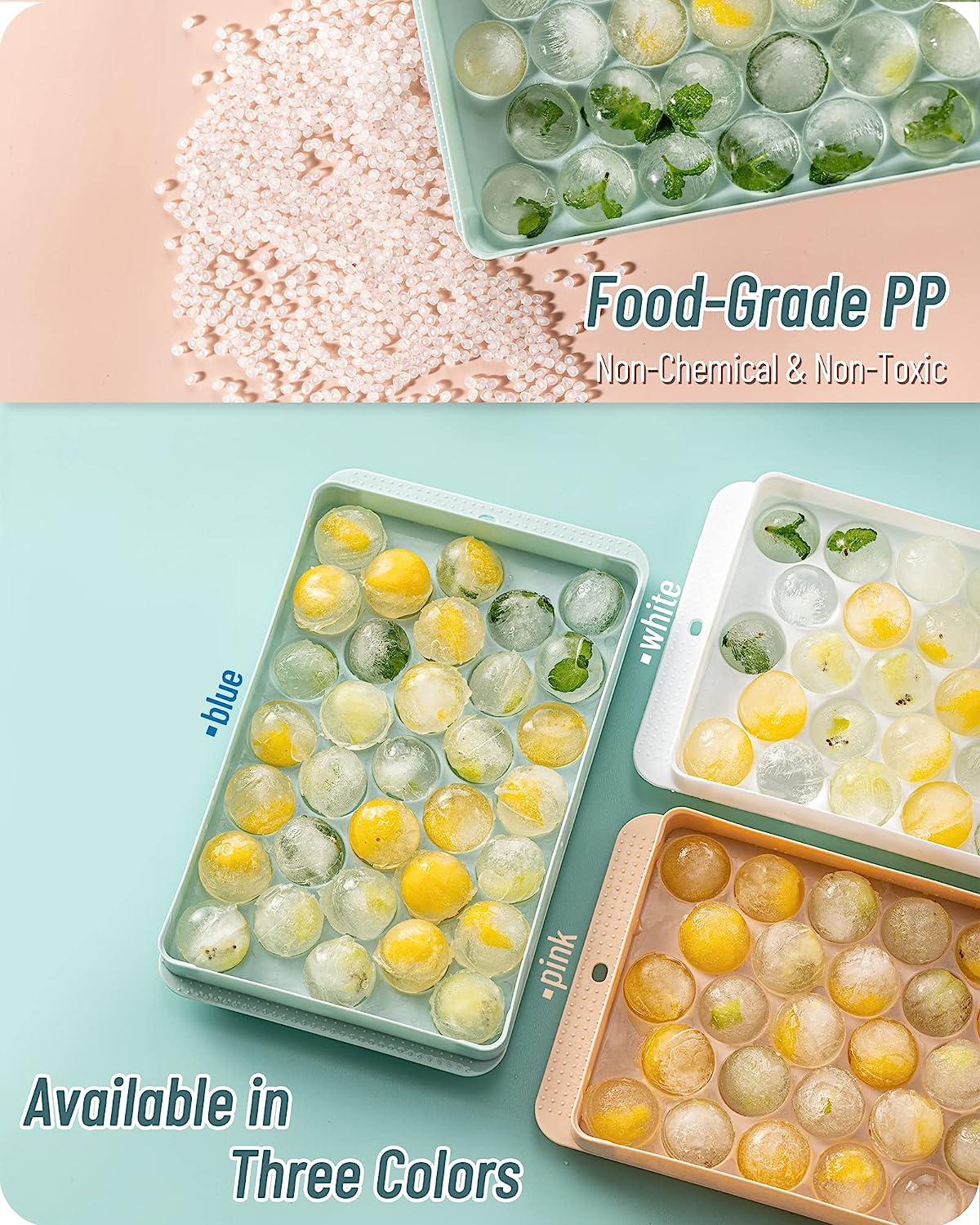 AJ 2-Pack Ice Cube Tray With Lid & Bin, 33 Ice Trays, Set of 2pcs, with Lid and Scoop, Pink