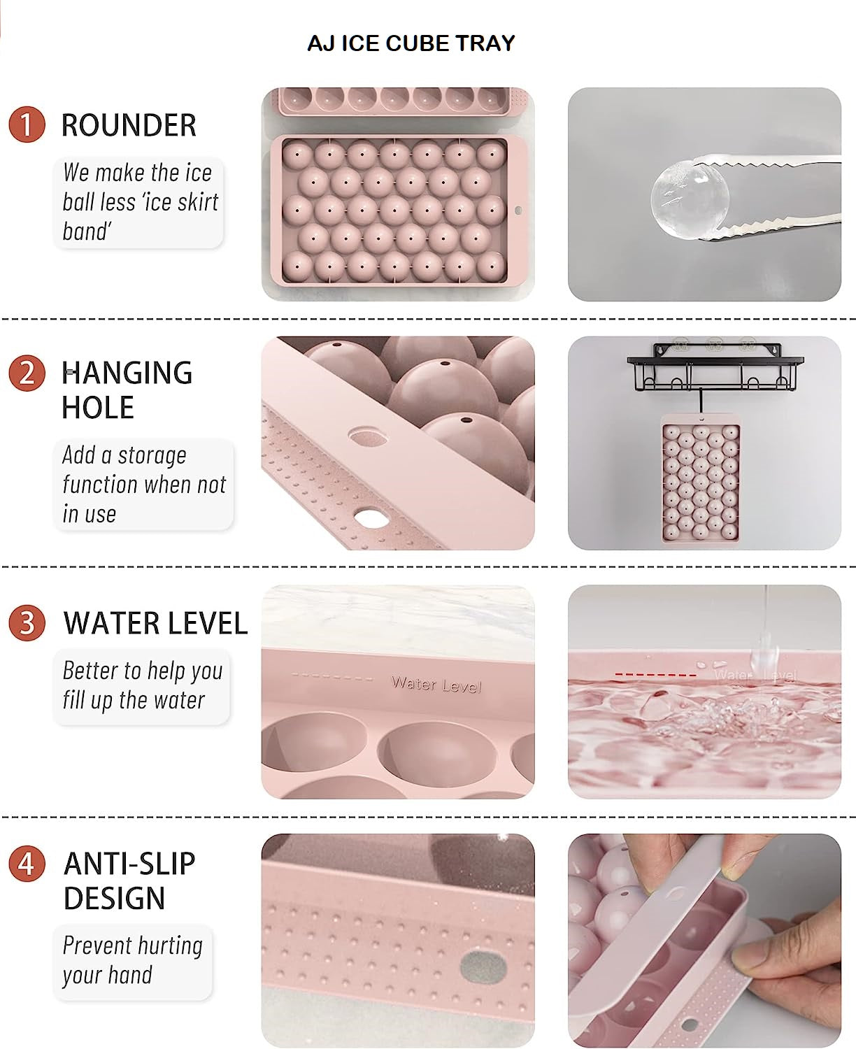 AJ 2-Pack Ice Cube Tray With Lid & Bin, 33 Ice Trays, Set of 2pcs, with Lid and Scoop, Pink