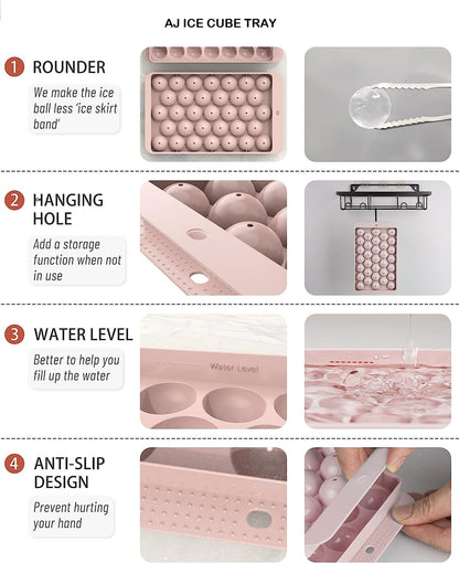 AJ 2-Pack Ice Cube Tray With Lid & Bin, 33 Ice Trays, Set of 2pcs, with Lid and Scoop, Pink