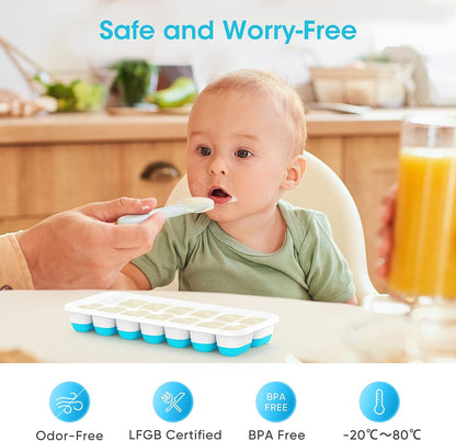 AJ 4-Pack Ice Cube Tray With Lid & Bin, 14 Cube Capacity, Set of 4, With Lid and Tongs, Blue