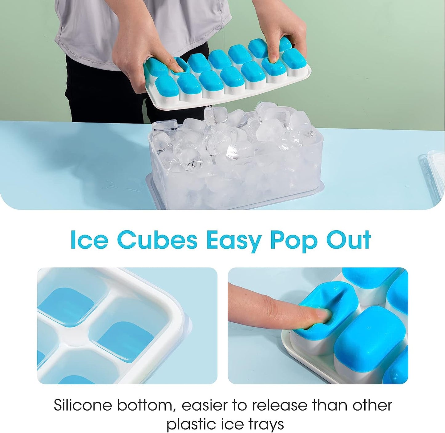 AJ 4-Pack Ice Cube Tray With Lid & Bin, 14 Cube Capacity, Set of 4, With Lid and Tongs, Blue