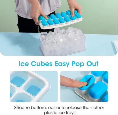 AJ 4-Pack Ice Cube Tray With Lid & Bin, 14 Cube Capacity, Set of 4, With Lid and Tongs, Blue
