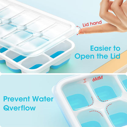 AJ 4-Pack Ice Cube Tray With Lid & Bin, 14 Cube Capacity, Set of 4, With Lid and Tongs, Blue