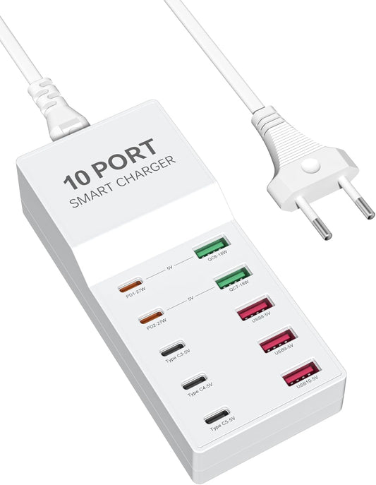 AJ Sparkit 10PD, 100W Charging Hub 10 Ports, with 5 USB-C Ports & 5 USB-A Ports, with Power Delivery 3.0 & Quick Charge, White