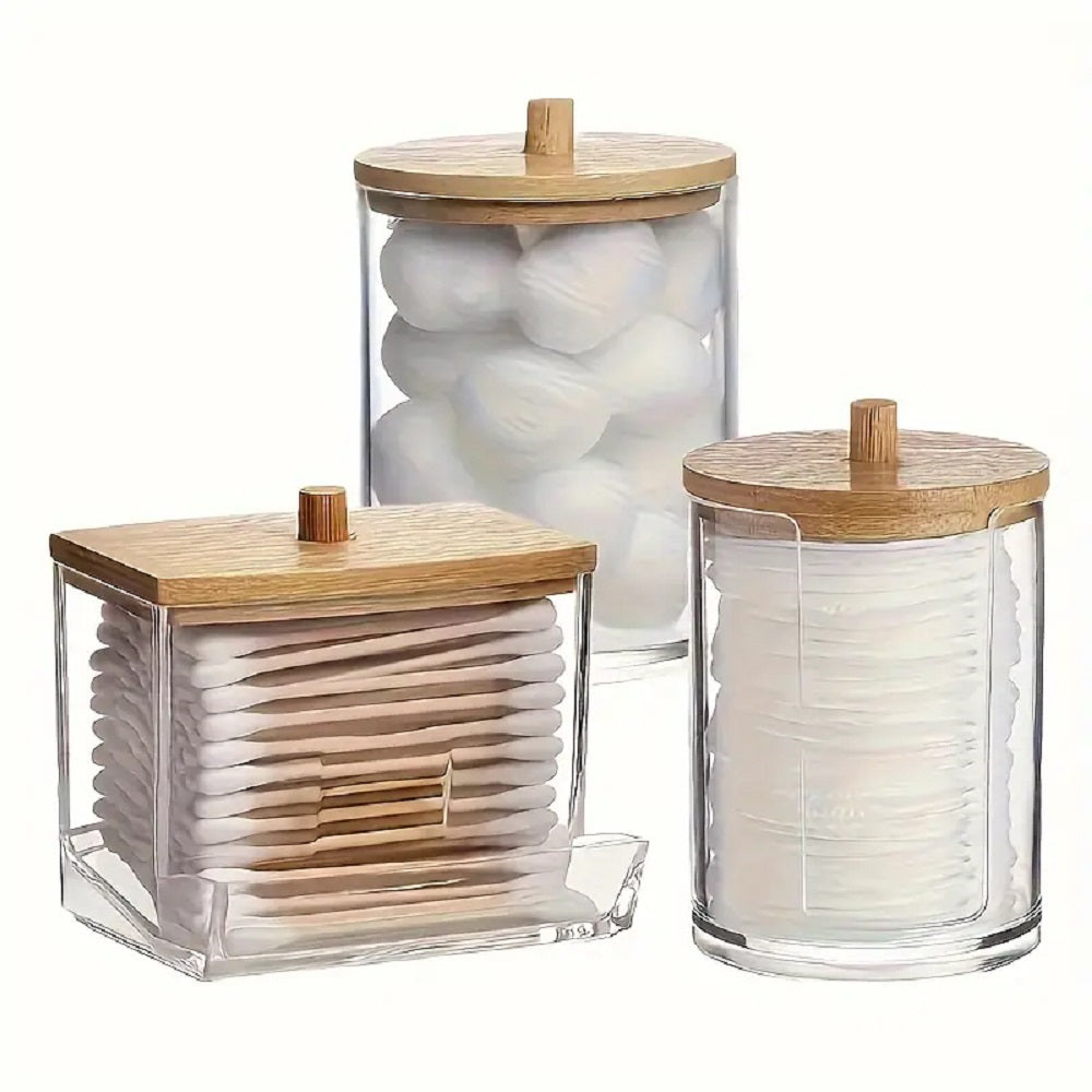 AJ Plastic Swab Dispenser with Wooden Lids, Plastic Storage Jars for Swabs, Cotton Pads & Cotton Balls, Set of 3