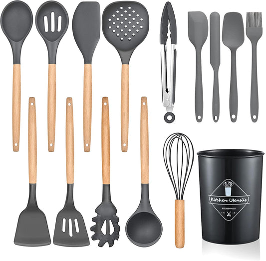 AJ Kitchen Utensil Set, 14pcs Silicone Cooking Utensil Set, Non-Stick with Stainless Handle, Gray