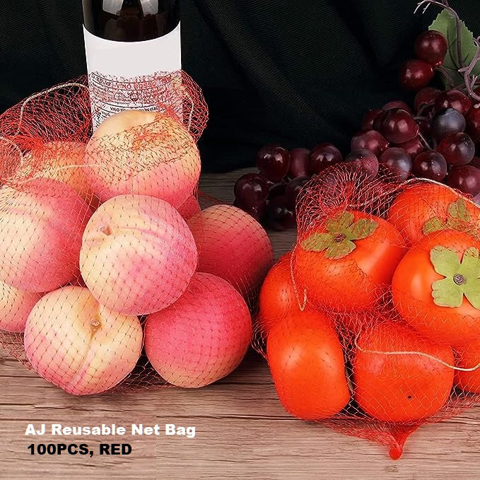 AJ Reusable Net Bag, Fruit and Vegetable Mesh, 60cm, Set of 100pcs, Red