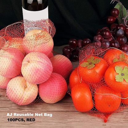 AJ Reusable Net Bag, Fruit and Vegetable Mesh, 60cm, Set of 100pcs, Red