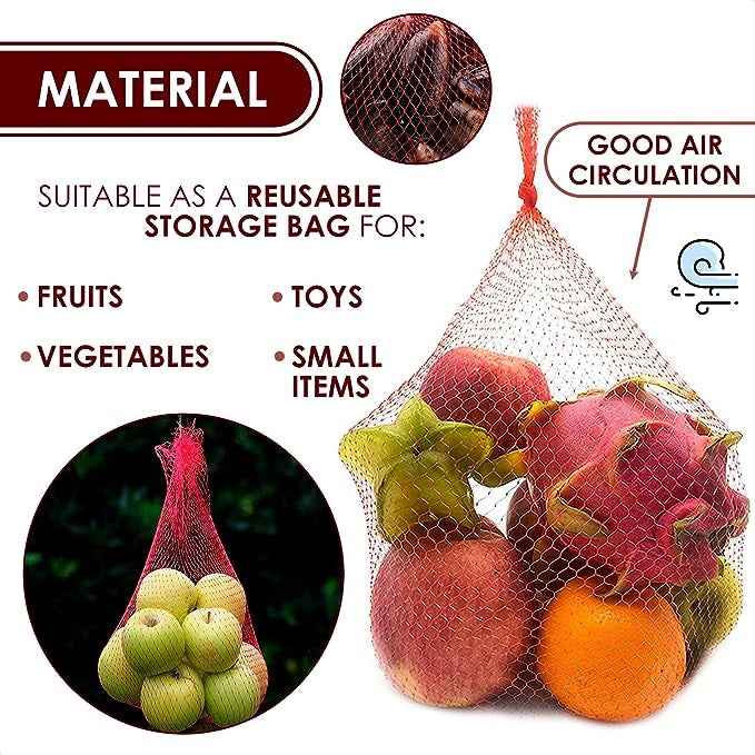 AJ Reusable Net Bag, Fruit and Vegetable Mesh, 60cm, Set of 100pcs, Red