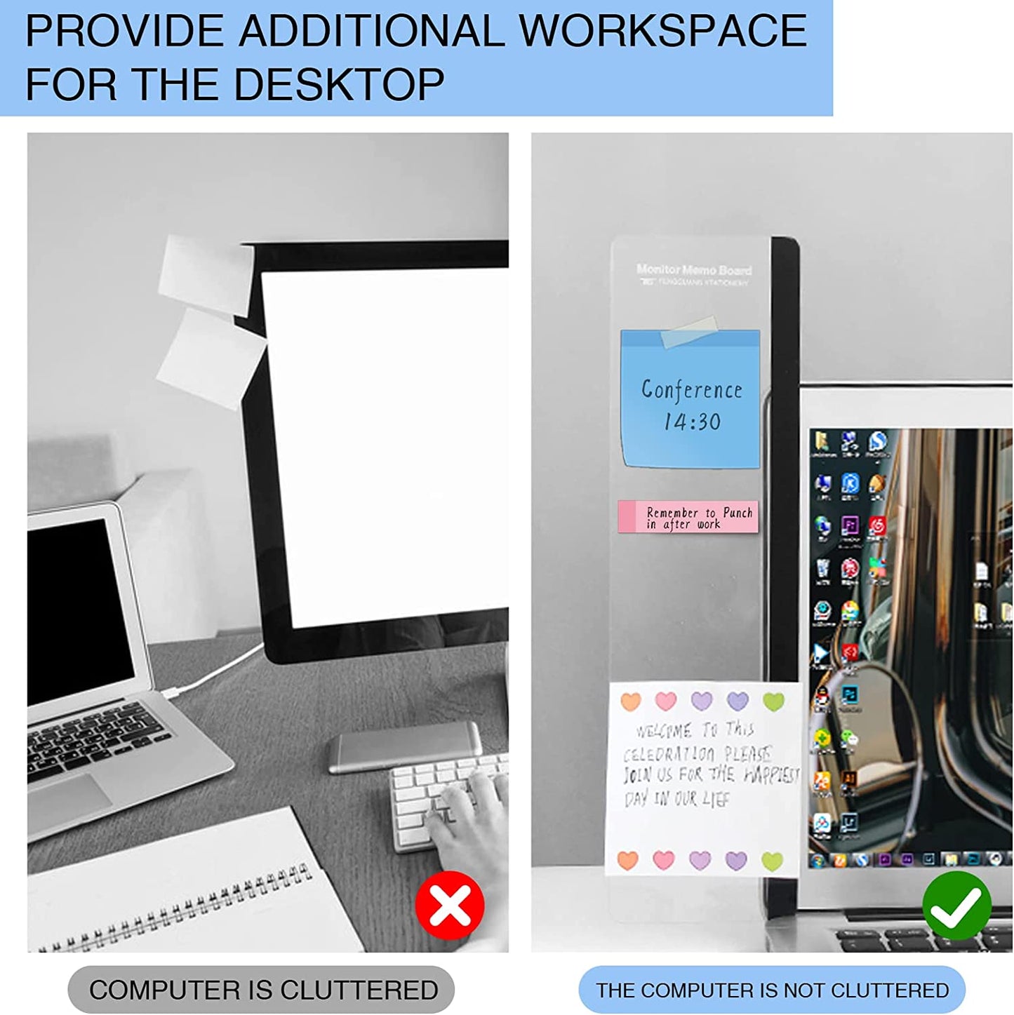 AJ Monitor Memo Board, Multifunction Computer Monitor Memo Board, Set of 2pcs, Clear