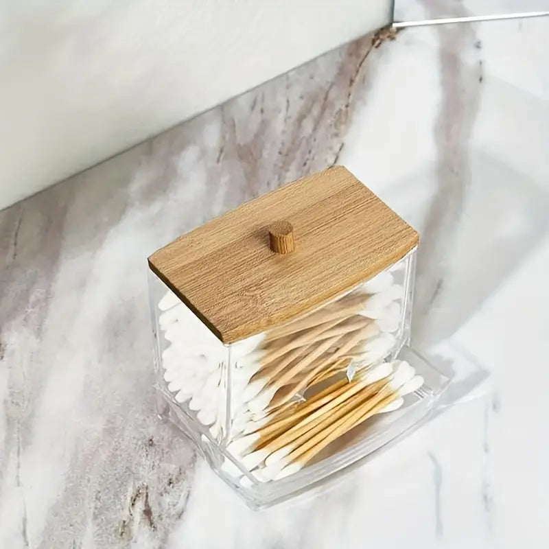 AJ Plastic Swab Dispenser with Wooden Lids, Plastic Storage Jars for Swabs, Cotton Pads & Cotton Balls, Set of 3